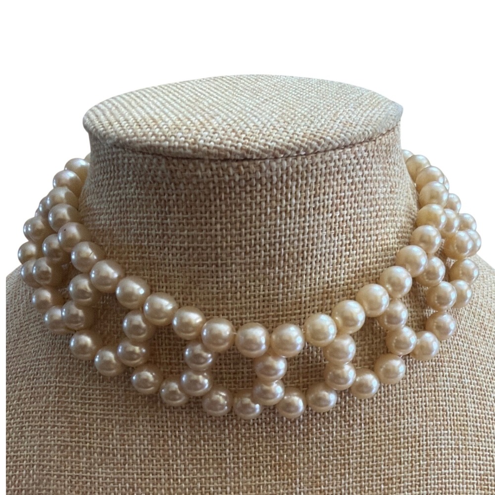 Vintage Style Faux Pearl Lattice Choker Necklace Cream Ivory Statement Jewelry